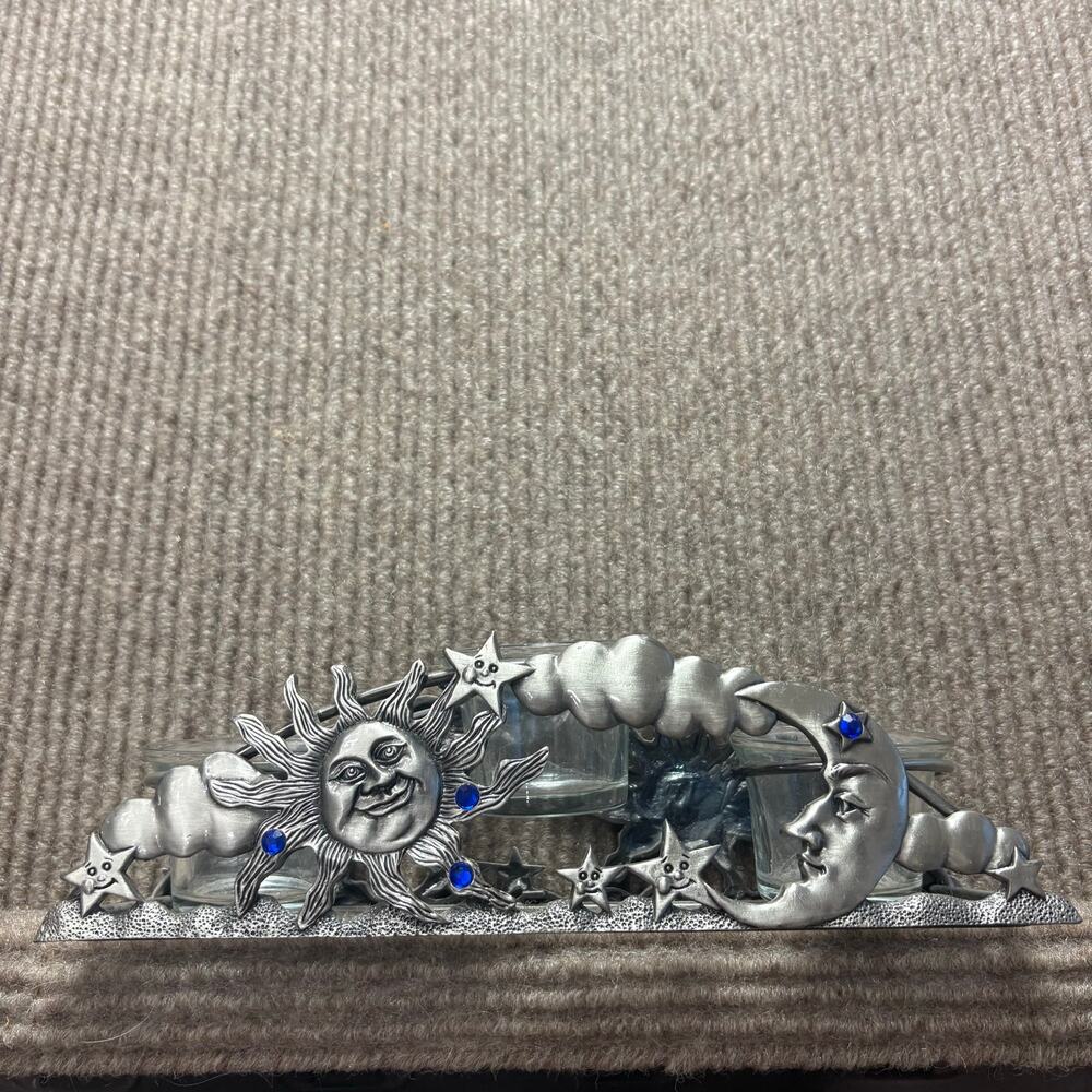 90's Pewter Celestial Votive Candle Holder, Rhinestone Decor